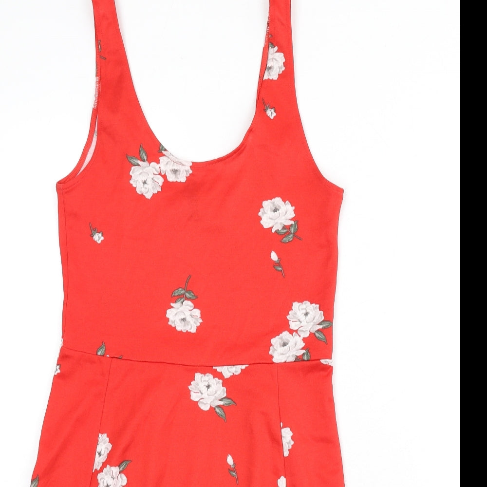 Divided by H&M Womens Red Floral Polyester Skater Dress Size 10 Scoop Neck Pullover