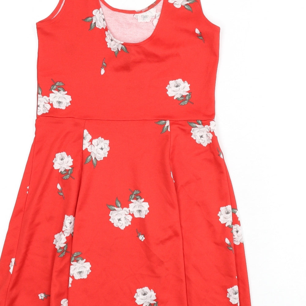 Divided by H&M Womens Red Floral Polyester Skater Dress Size 10 Scoop Neck Pullover