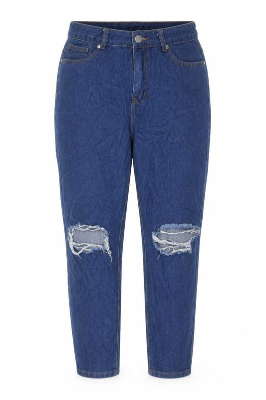 Front view of Boohoo women’s blue cotton mom jeans, size UK 12, 29-inch leg regular zip - pockets, belt loops