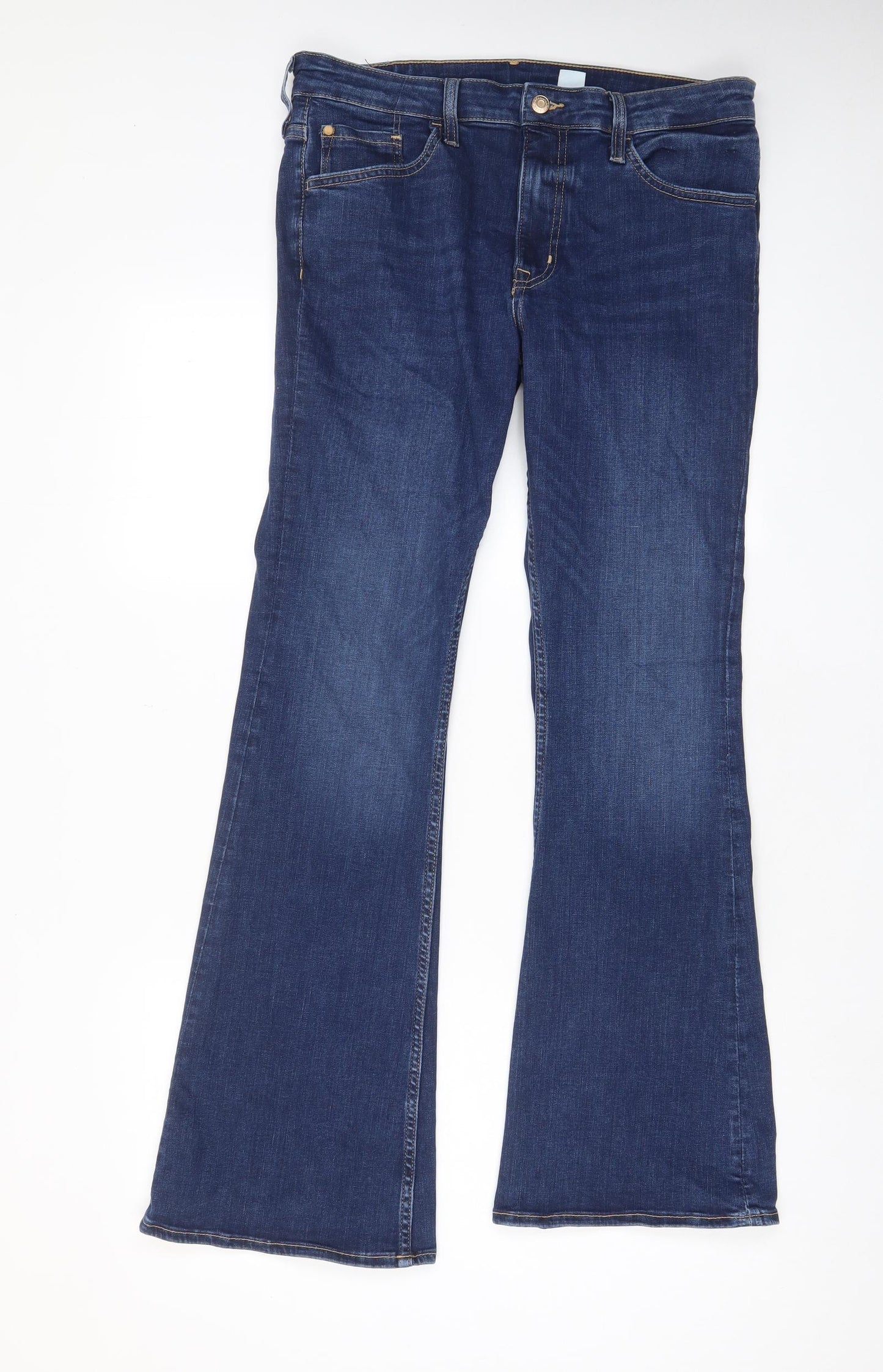 H&M Womens Blue Cotton Flared Jeans Size 16 L31 in Regular Zip - Pockets, Belt Loops