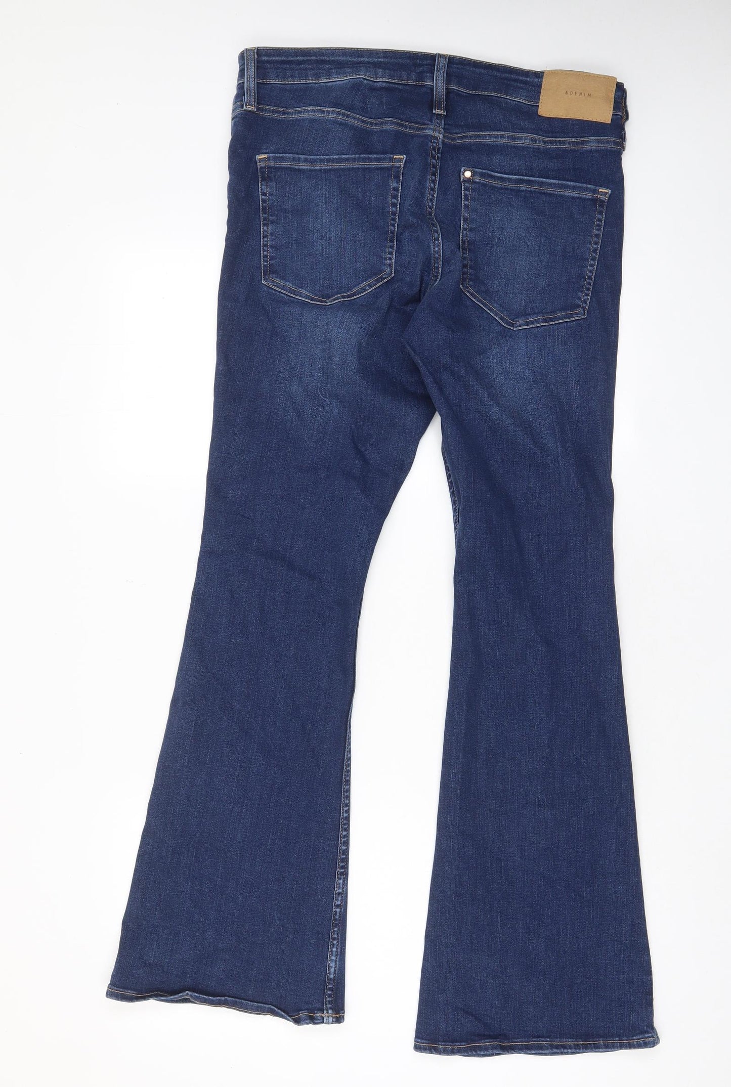 H&M Womens Blue Cotton Flared Jeans Size 16 L31 in Regular Zip - Pockets, Belt Loops