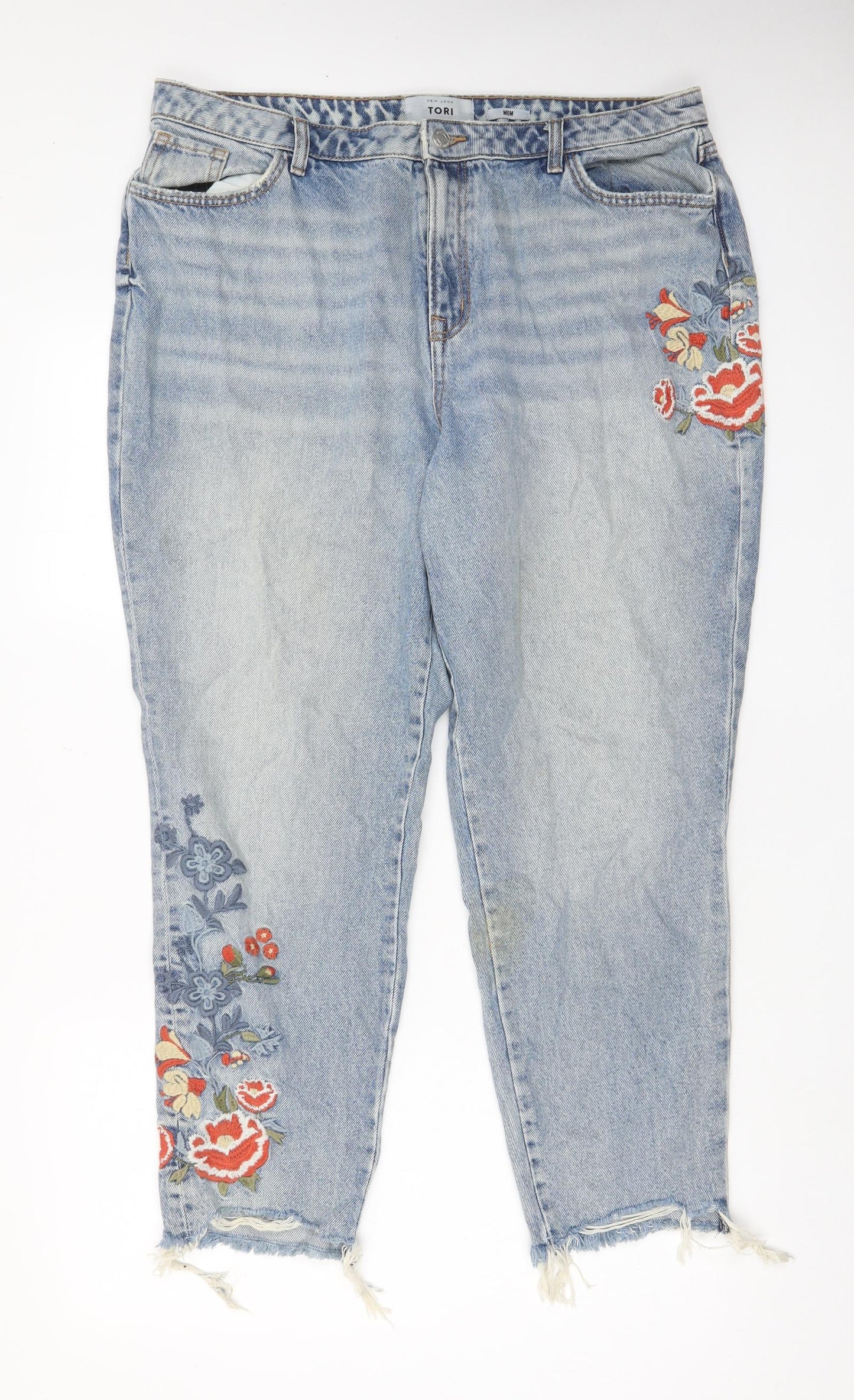 New Look Womens Blue Floral Cotton Mom Jeans Size 18 L27 in Regular Zip - Pockets, Belt Loops, Embroided