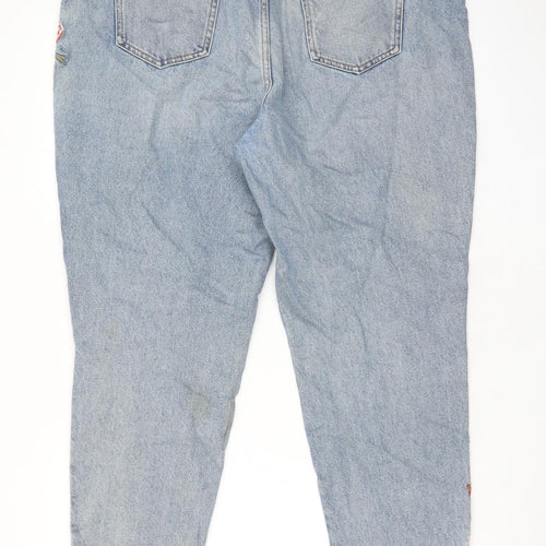 New Look Womens Blue Floral Cotton Mom Jeans Size 18 L27 in Regular Zip - Pockets, Belt Loops, Embroided
