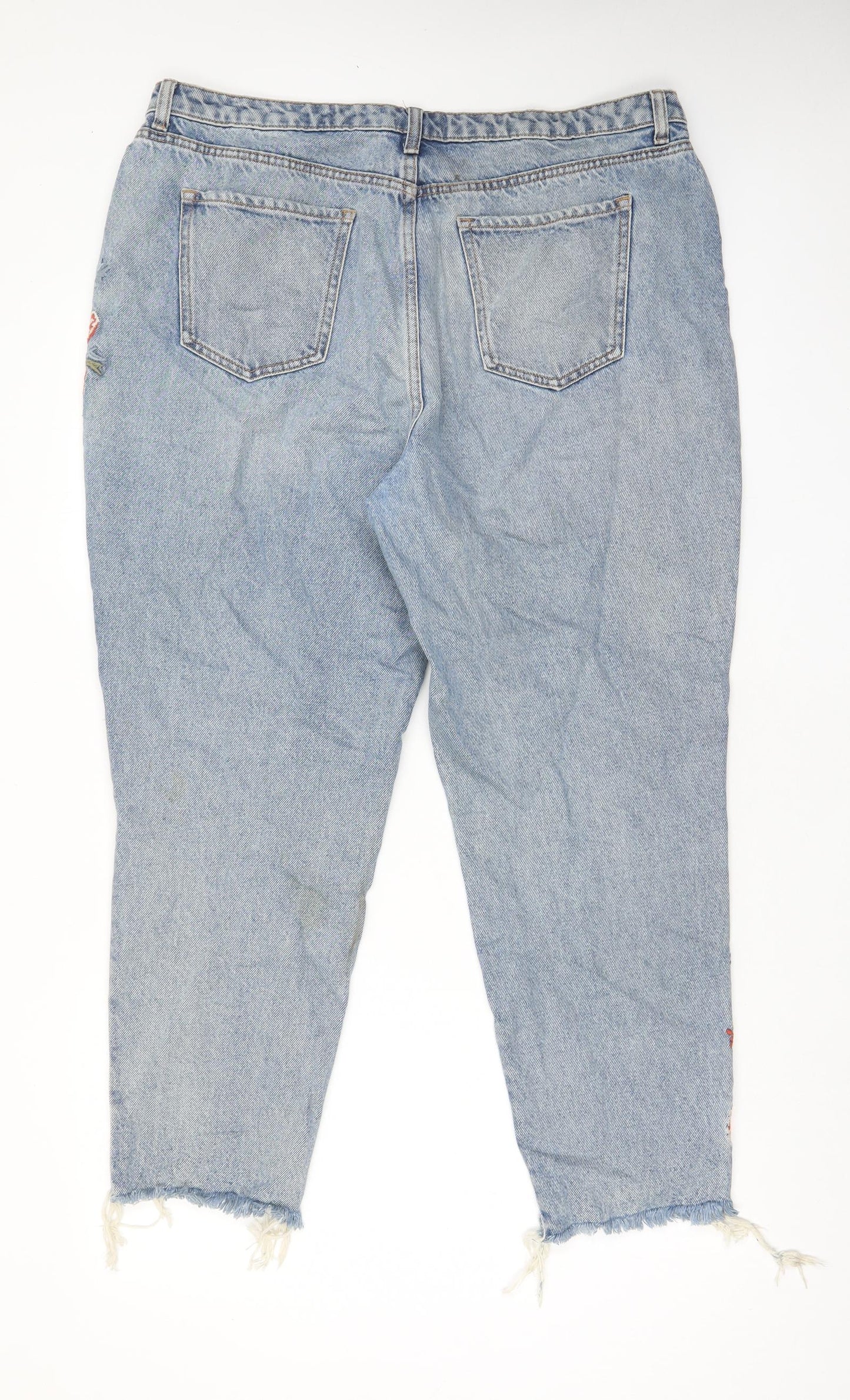 New Look Womens Blue Floral Cotton Mom Jeans Size 18 L27 in Regular Zip - Pockets, Belt Loops, Embroided