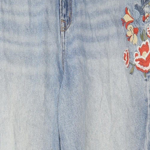 New Look Womens Blue Floral Cotton Mom Jeans Size 18 L27 in Regular Zip - Pockets, Belt Loops, Embroided