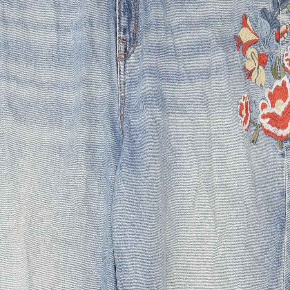 New Look Womens Blue Floral Cotton Mom Jeans Size 18 L27 in Regular Zip - Pockets, Belt Loops, Embroided