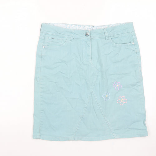 BHS Womens Blue Cotton A-Line Skirt Size 14 Zip - Pockets, Belt Loops, Embroided