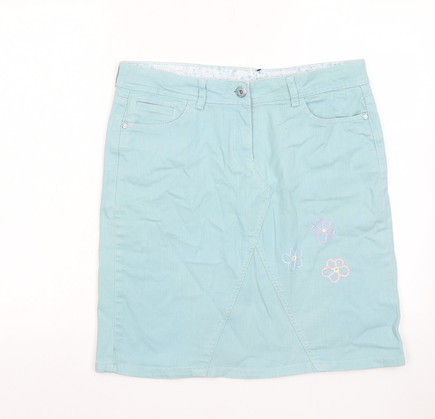 BHS Womens Blue Cotton A-Line Skirt Size 14 Zip - Pockets, Belt Loops, Embroided