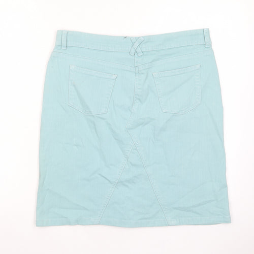 BHS Womens Blue Cotton A-Line Skirt Size 14 Zip - Pockets, Belt Loops, Embroided