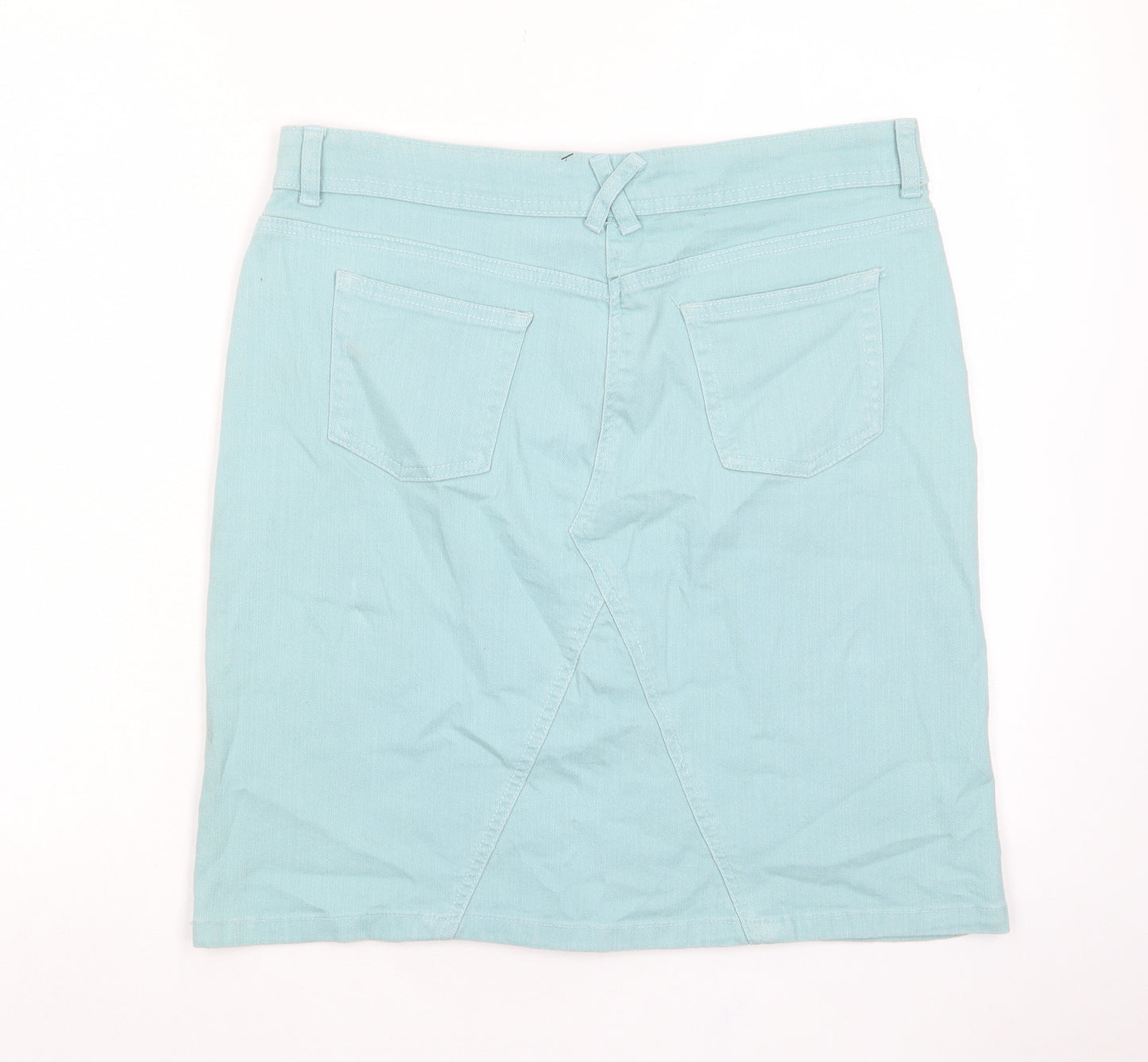 BHS Womens Blue Cotton A-Line Skirt Size 14 Zip - Pockets, Belt Loops, Embroided