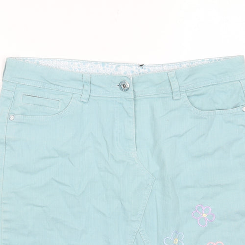 BHS Womens Blue Cotton A-Line Skirt Size 14 Zip - Pockets, Belt Loops, Embroided