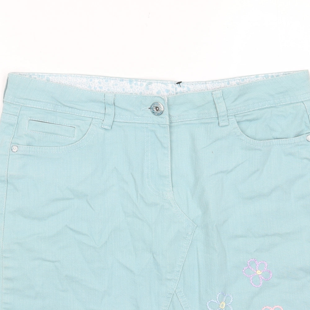BHS Womens Blue Cotton A-Line Skirt Size 14 Zip - Pockets, Belt Loops, Embroided