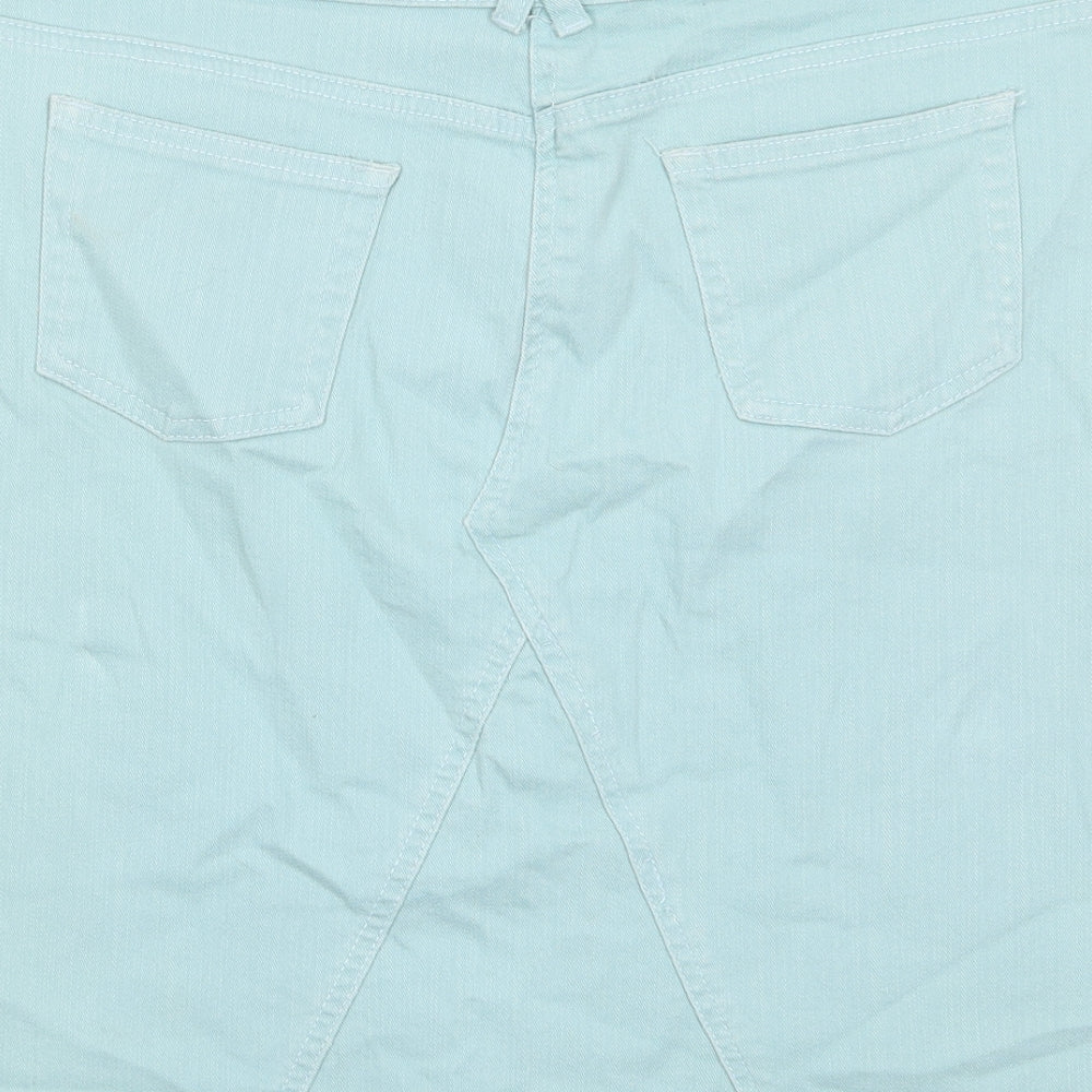 BHS Womens Blue Cotton A-Line Skirt Size 14 Zip - Pockets, Belt Loops, Embroided