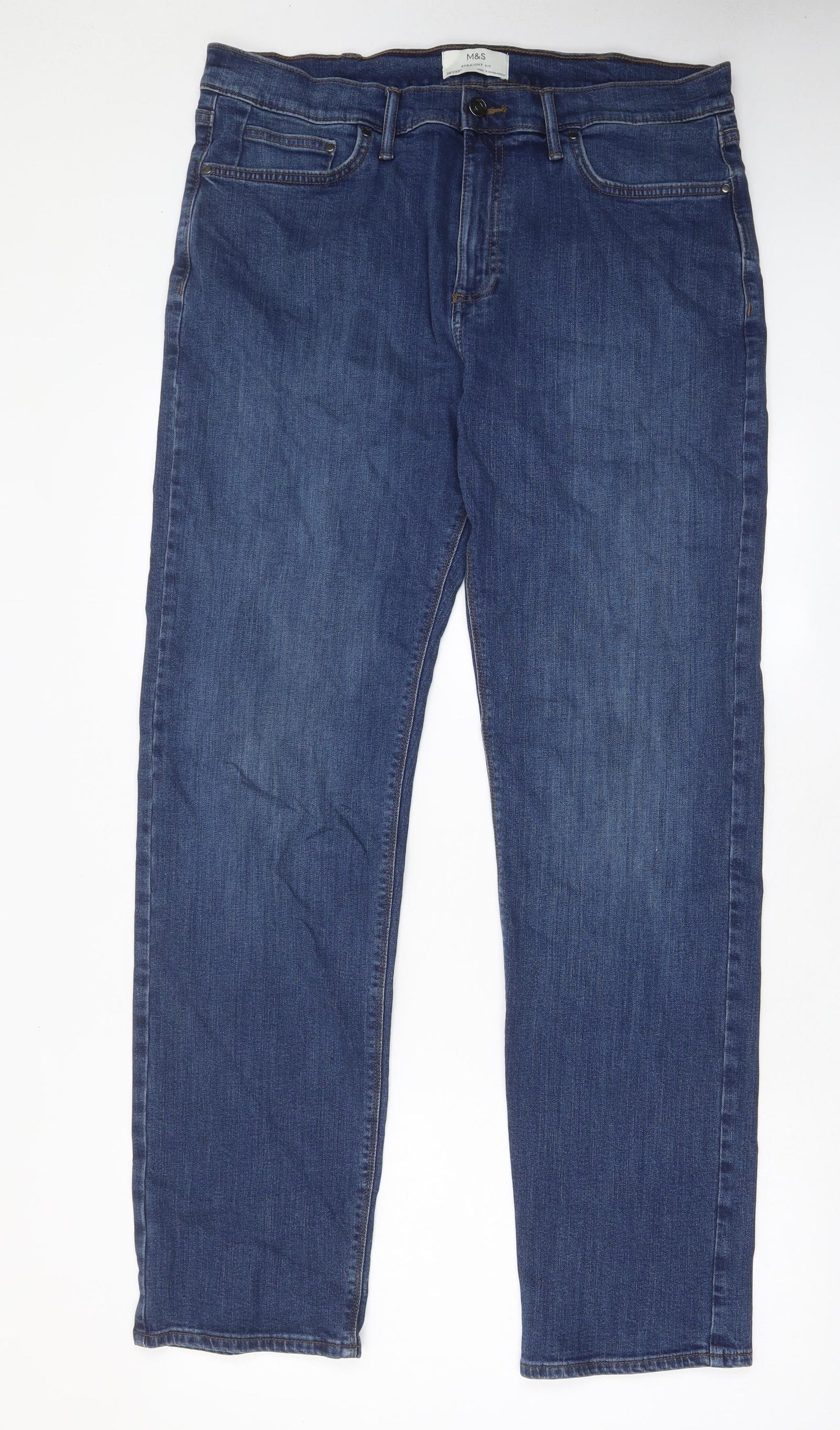 Marks and Spencer Mens Blue Cotton Straight Jeans Size 36 in L33 in Regular Zip - Pockets, Belt Loops