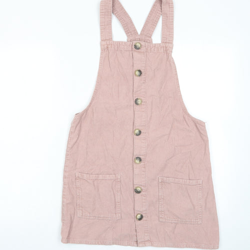 Denim & Co. Womens Pink Cotton Pinafore/Dungaree Dress Size 12 Square Neck Button - Pockets