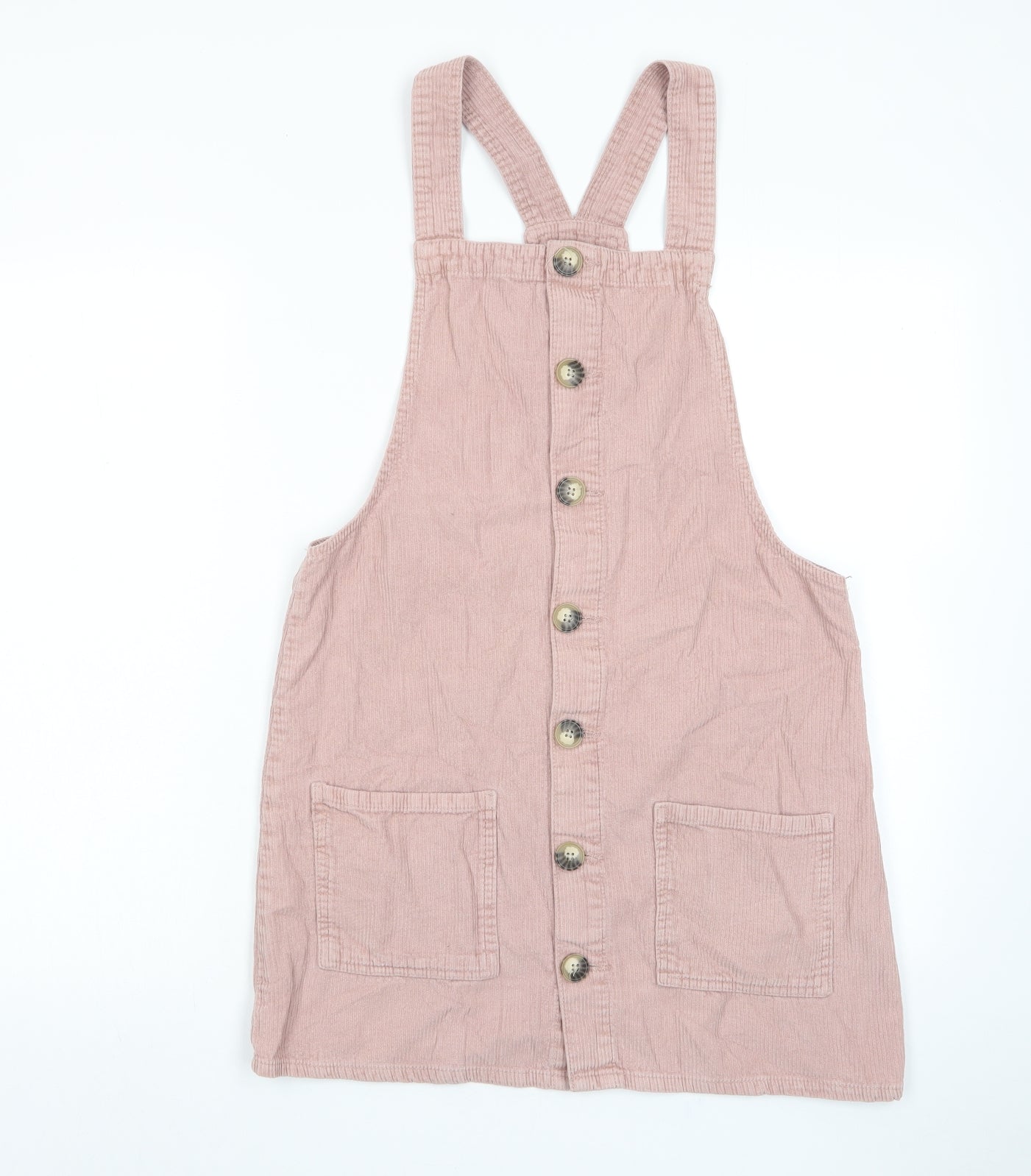 Denim & Co. Womens Pink Cotton Pinafore/Dungaree Dress Size 12 Square Neck Button - Pockets