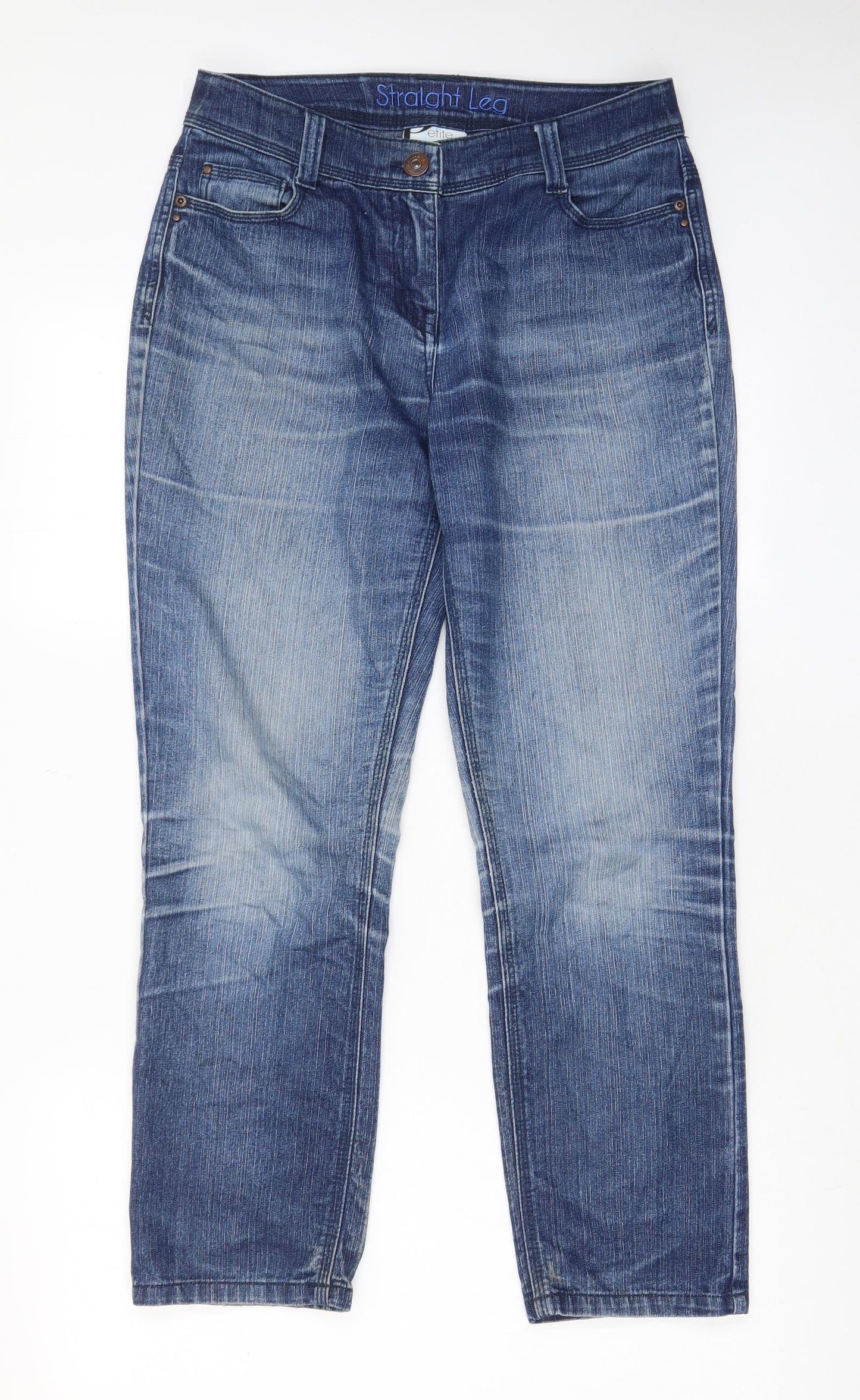 BHS Womens Blue Cotton Straight Jeans Size 10 L27 in Regular Zip - Pockets, Belt Loops
