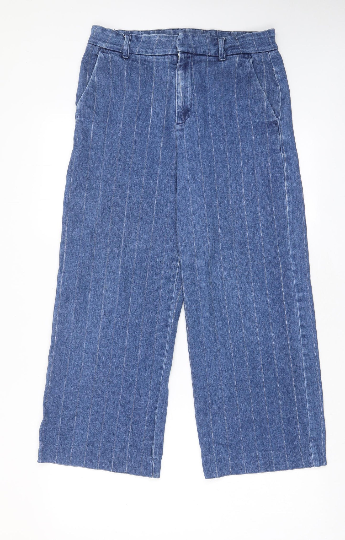 Marks and Spencer Womens Black Striped Cotton Wide-Leg Jeans Size 12 L25 in Regular Hook & Eye - Pockets, Belt Loops