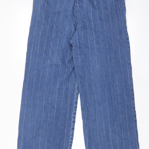 Marks and Spencer Womens Black Striped Cotton Wide-Leg Jeans Size 12 L25 in Regular Hook & Eye - Pockets, Belt Loops