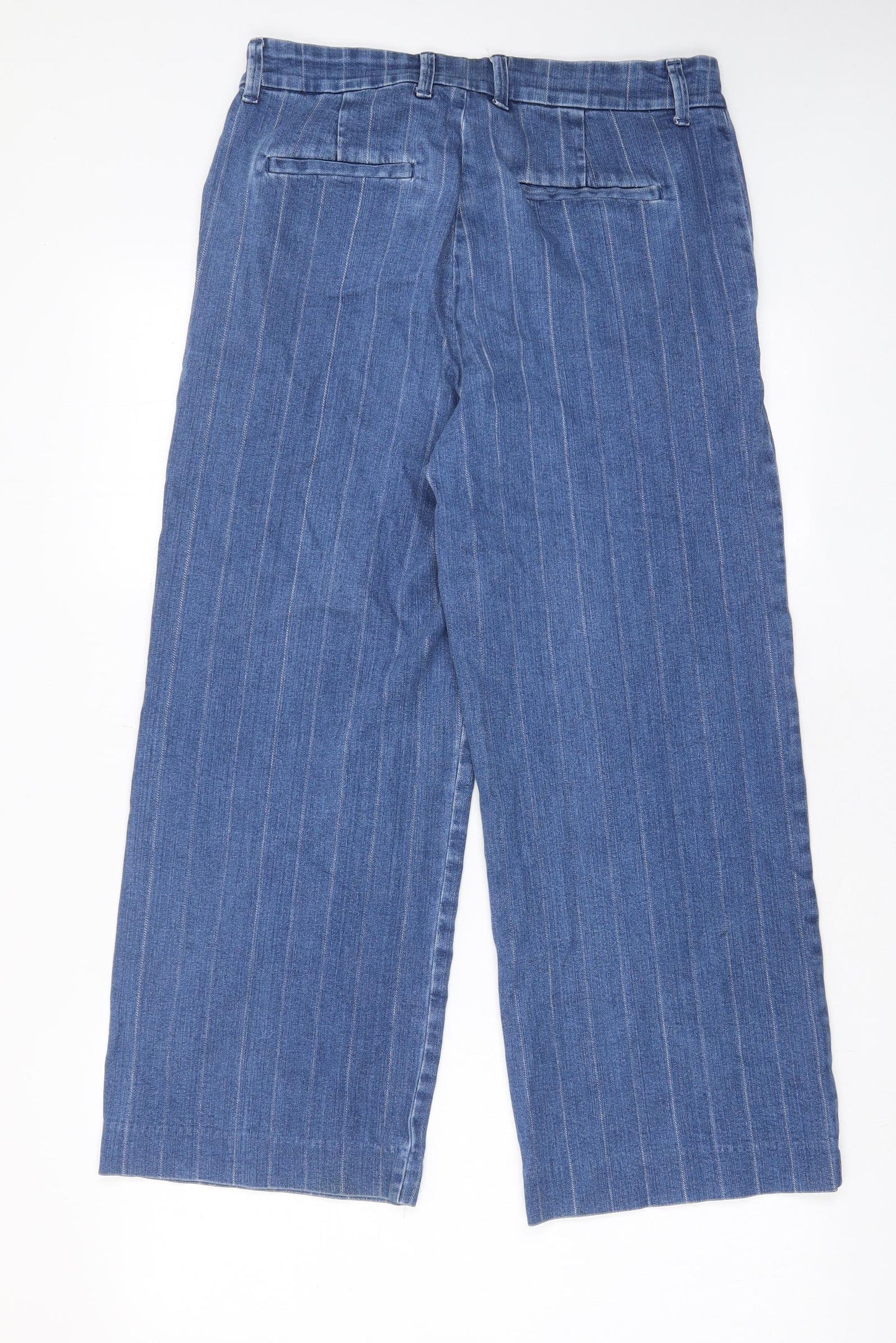Marks and Spencer Womens Black Striped Cotton Wide-Leg Jeans Size 12 L25 in Regular Hook & Eye - Pockets, Belt Loops