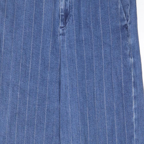 Marks and Spencer Womens Black Striped Cotton Wide-Leg Jeans Size 12 L25 in Regular Hook & Eye - Pockets, Belt Loops