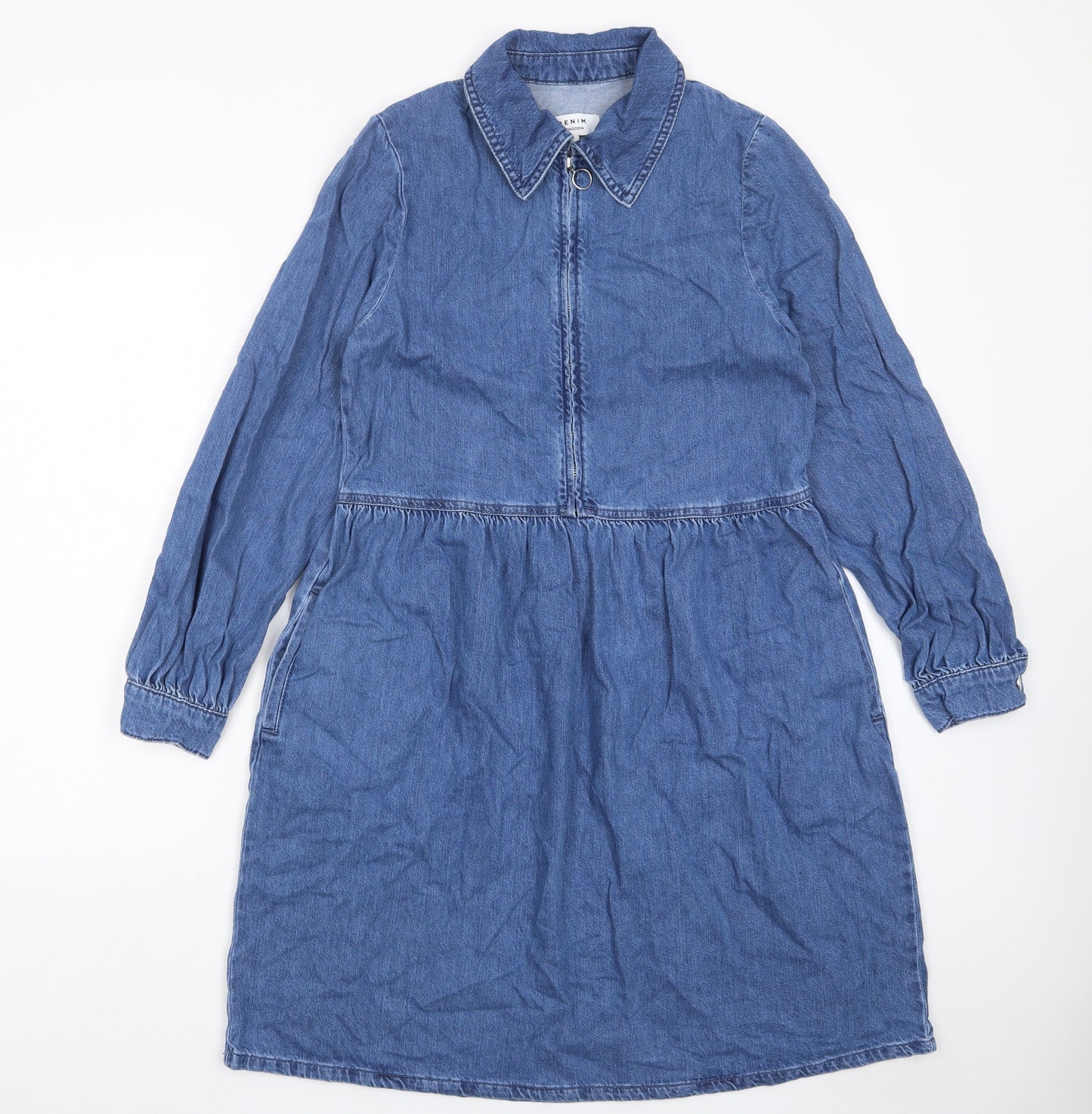 Monsoon Womens Blue Cotton A-Line Size S Collared Zip - Pleated