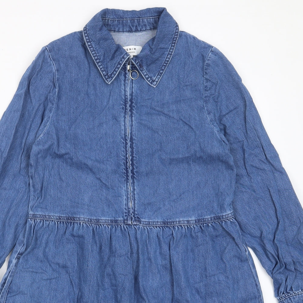Monsoon Womens Blue Cotton A-Line Size S Collared Zip - Pleated