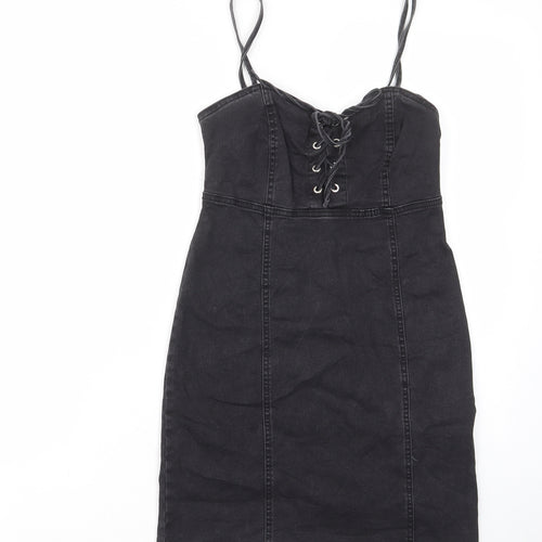 Denim & Co. Womens Black Cotton A-Line Size 8 Sweetheart Zip - Tie Front