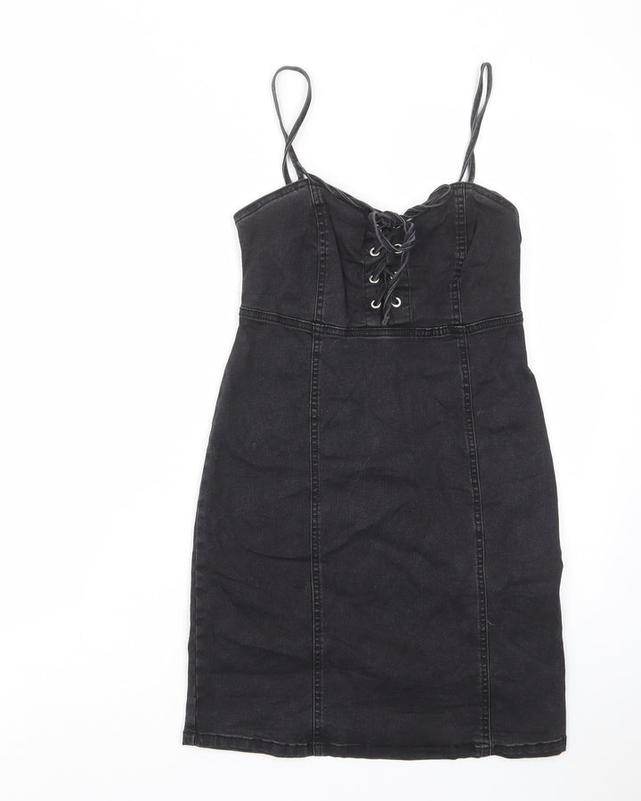 Denim & Co. Womens Black Cotton A-Line Size 8 Sweetheart Zip - Tie Front