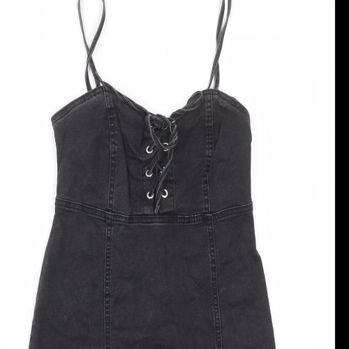 Denim & Co. Womens Black Cotton A-Line Size 8 Sweetheart Zip - Tie Front