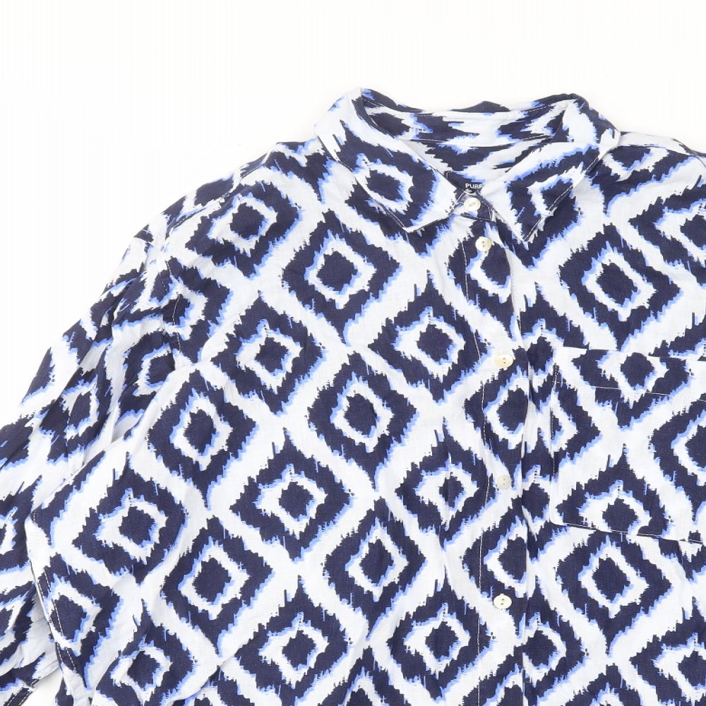 Marks and Spencer Womens Blue Argyle/Diamond Linen Basic Button-Up Size 14 Collared - Pocket