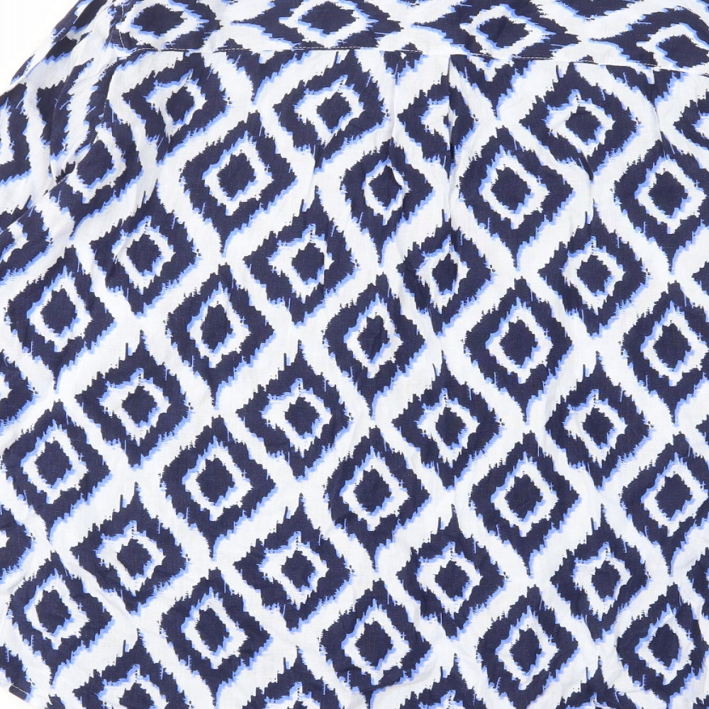 Marks and Spencer Womens Blue Argyle/Diamond Linen Basic Button-Up Size 14 Collared - Pocket
