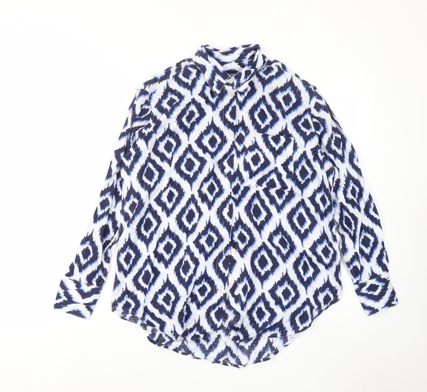 Per Una Womens Blue Argyle/Diamond Linen Basic Button-Up Size 8 Collared - Pocket