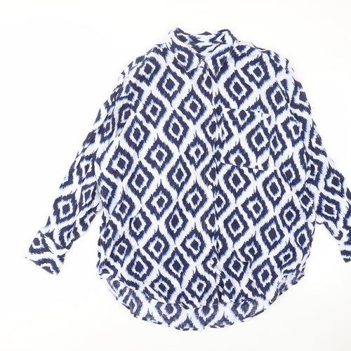 Per Una Womens Blue Argyle/Diamond Linen Basic Button-Up Size 8 Collared - Pocket