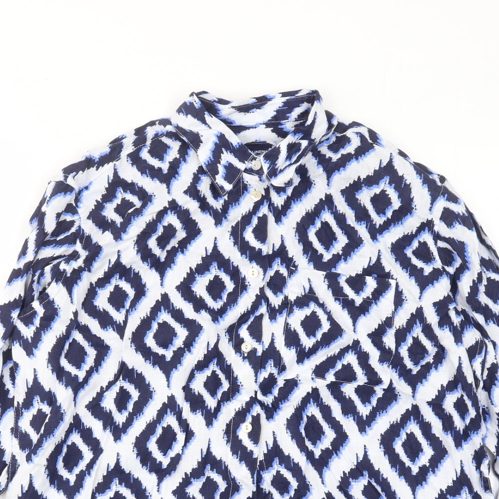 Per Una Womens Blue Argyle/Diamond Linen Basic Button-Up Size 8 Collared - Pocket