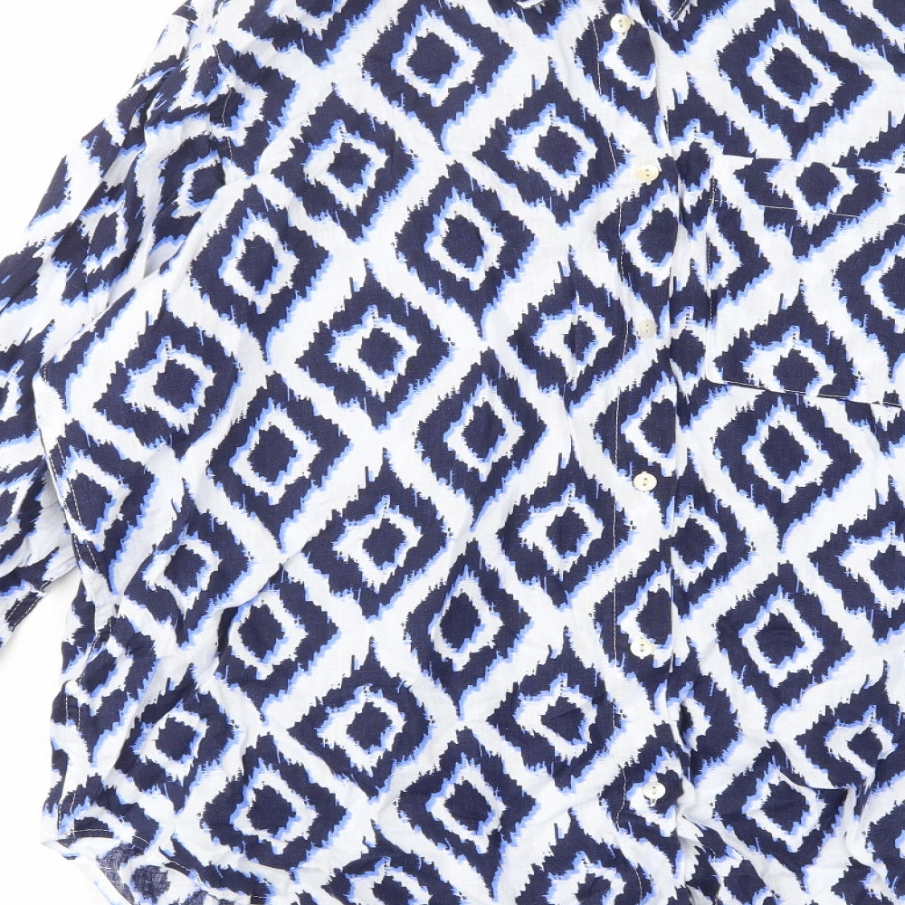 Per Una Womens Blue Argyle/Diamond Linen Basic Button-Up Size 8 Collared - Pocket