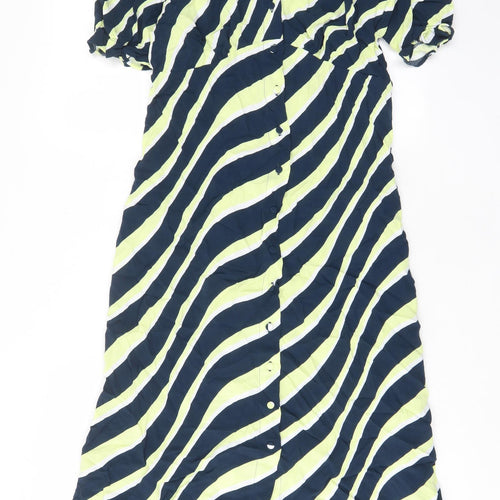 Marks and Spencer Womens Multicoloured Striped Viscose A-Line Size 10 V-Neck Button - Belted