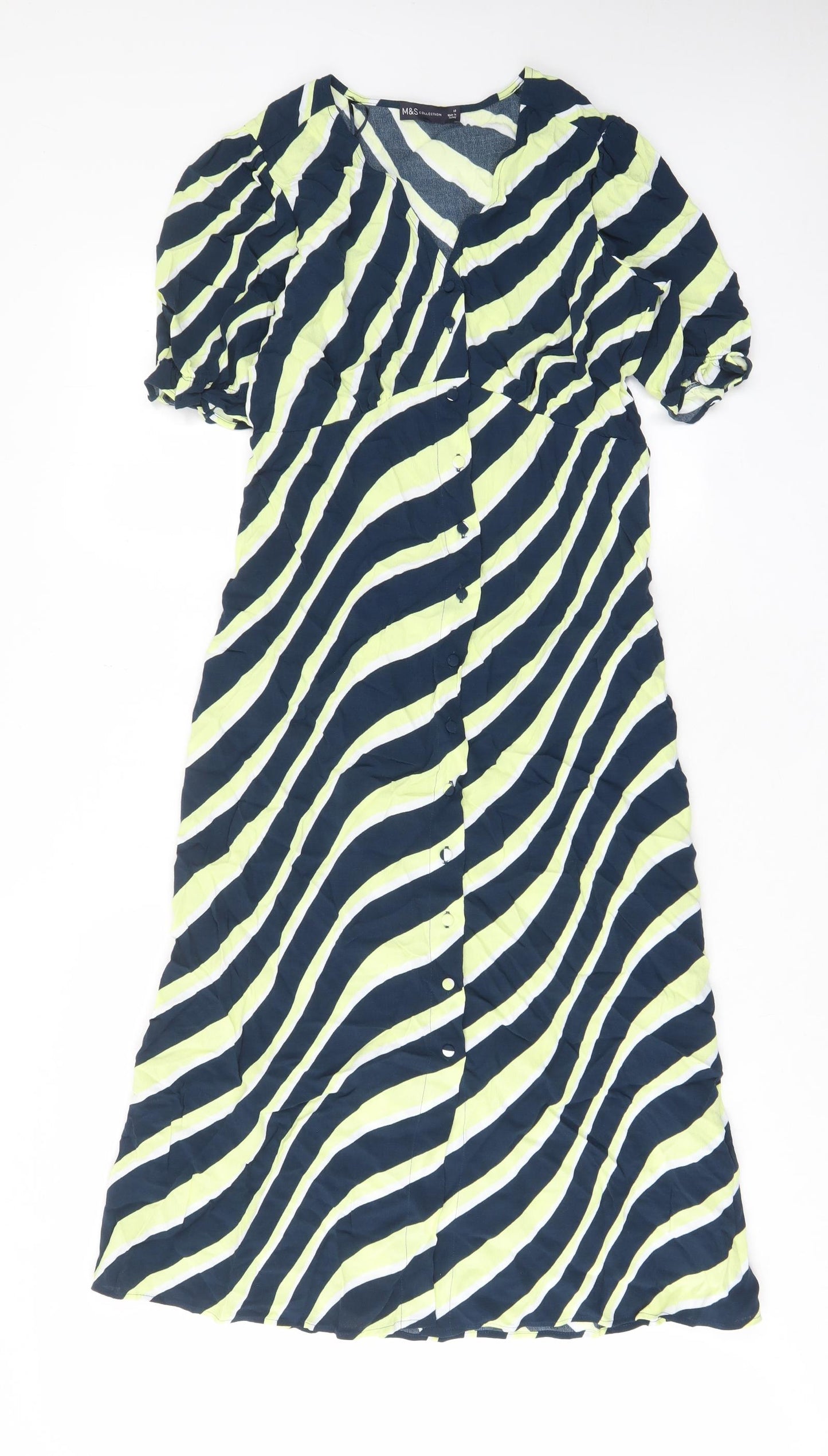 Marks and Spencer Womens Multicoloured Striped Viscose A-Line Size 10 V-Neck Button - Belted