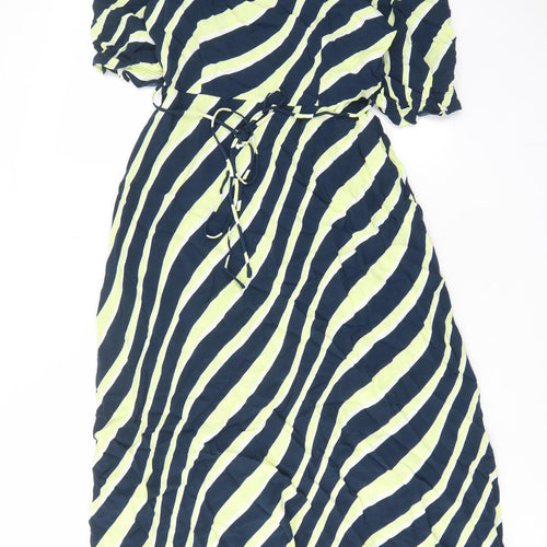 Marks and Spencer Womens Multicoloured Striped Viscose A-Line Size 10 V-Neck Button - Belted