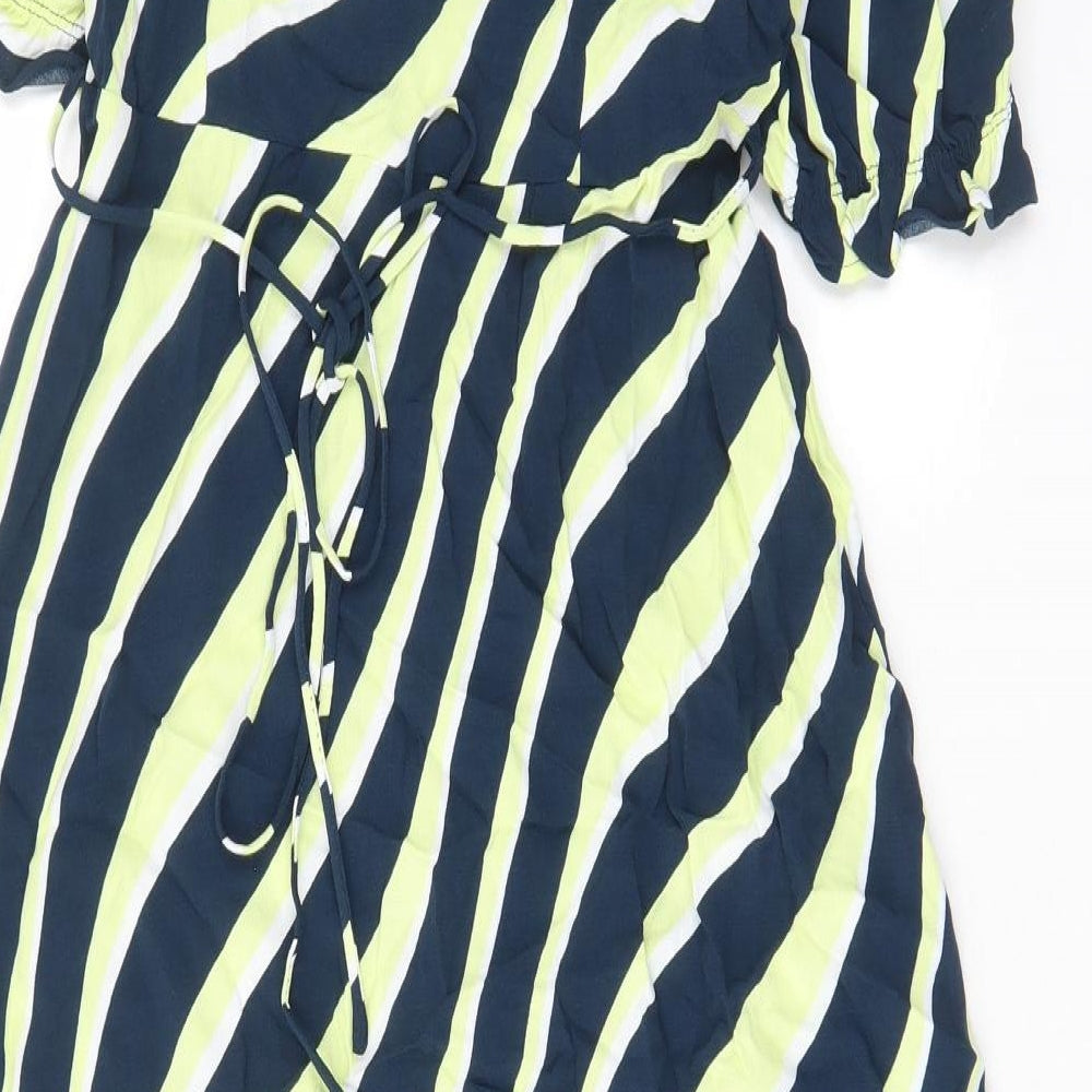 Marks and Spencer Womens Multicoloured Striped Viscose A-Line Size 10 V-Neck Button - Belted