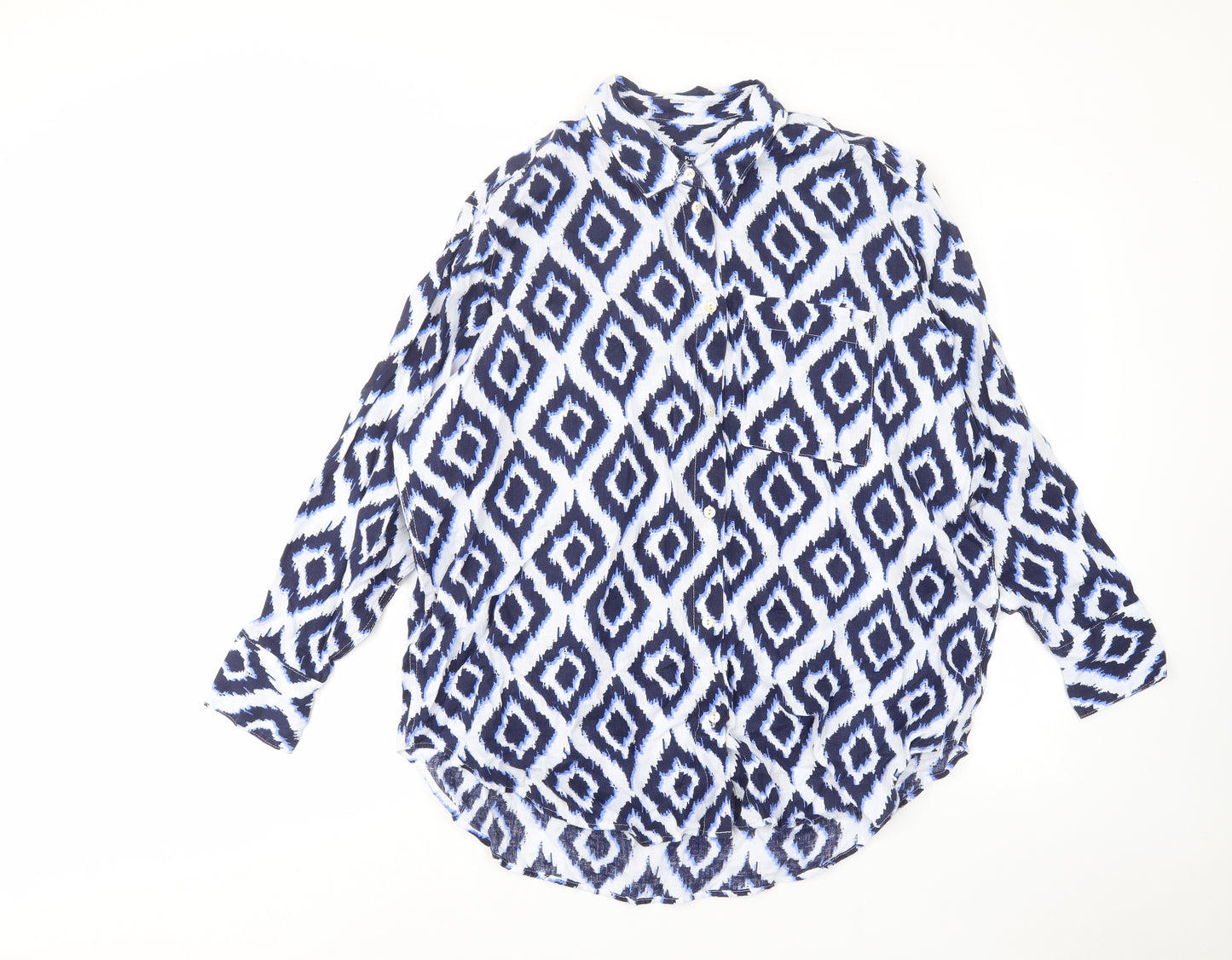 Marks and Spencer Womens Blue Argyle/Diamond Linen Basic Button-Up Size 14 Collared - Pocket