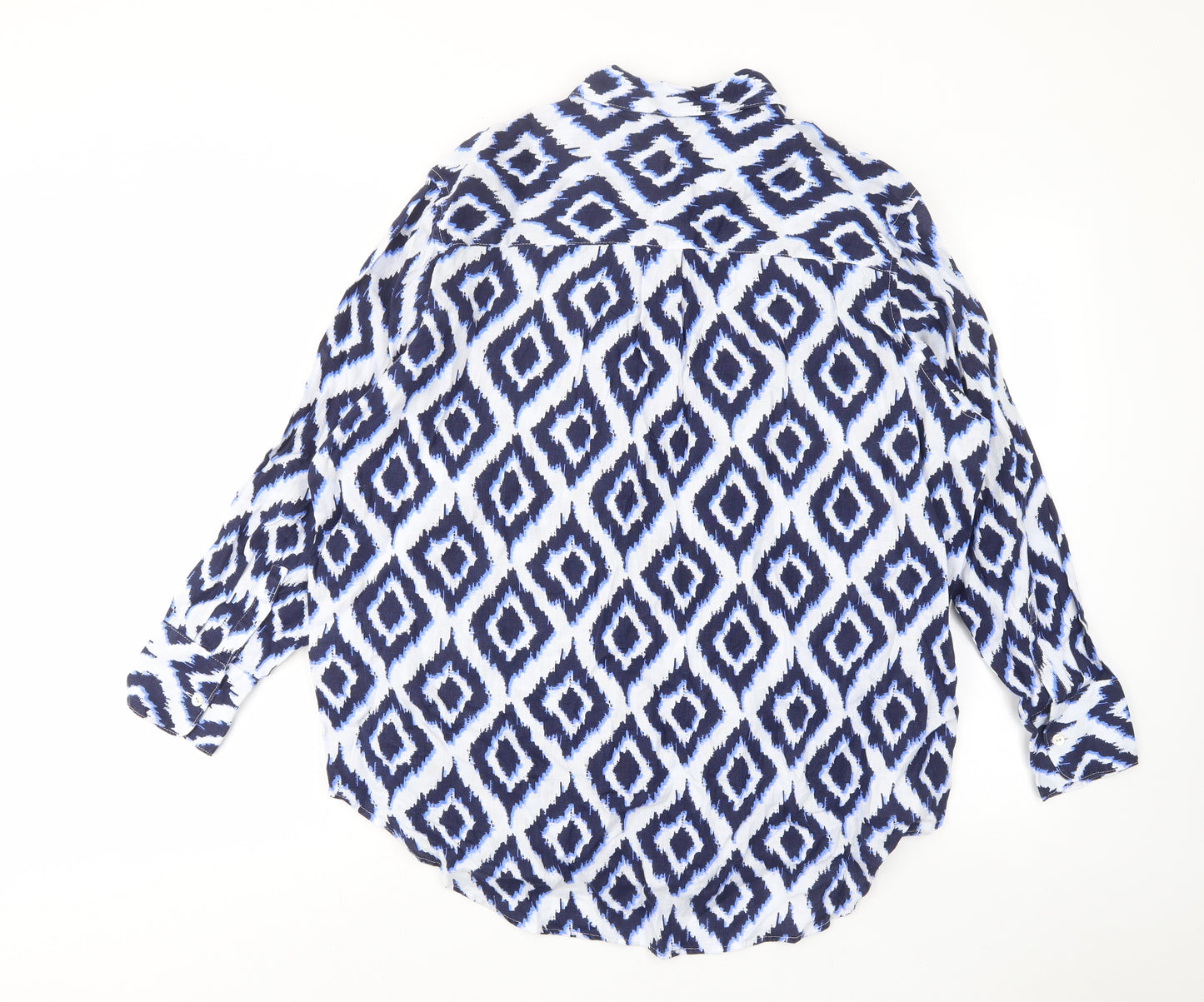 Marks and Spencer Womens Blue Argyle/Diamond Linen Basic Button-Up Size 14 Collared - Pocket