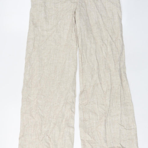 Marks and Spencer Womens Beige Linen Trousers Size 6 L30 in Regular Zip - Pockets, Belt Loops