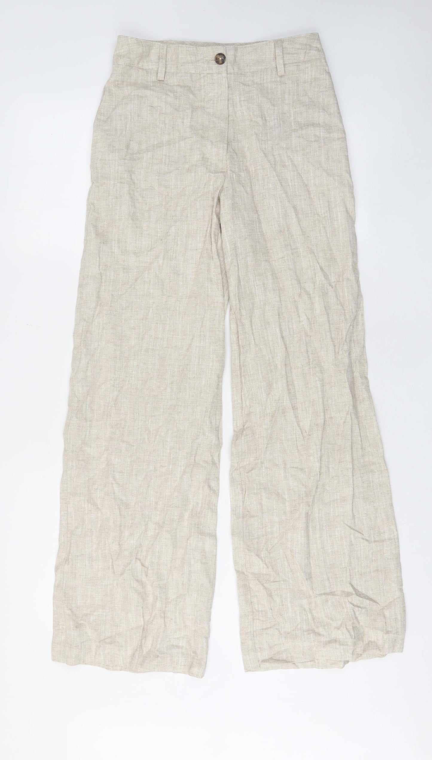 Marks and Spencer Womens Beige Linen Trousers Size 6 L30 in Regular Zip - Pockets, Belt Loops