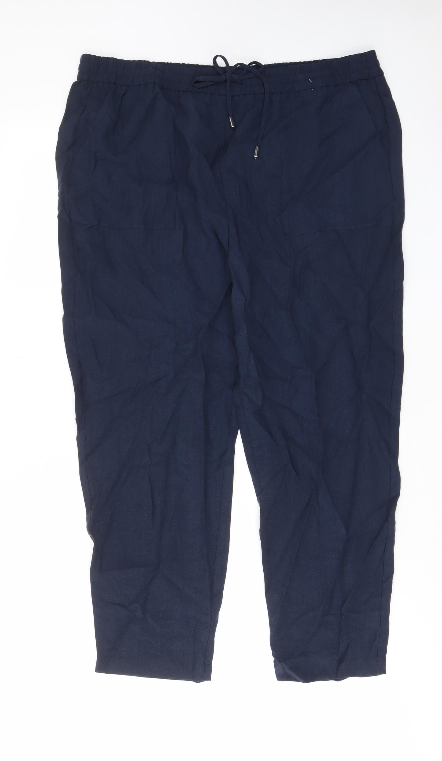 Marks and Spencer Womens Blue Lyocell Trousers Size 20 L28 in Regular Drawstring - Pockets, Elastic waist