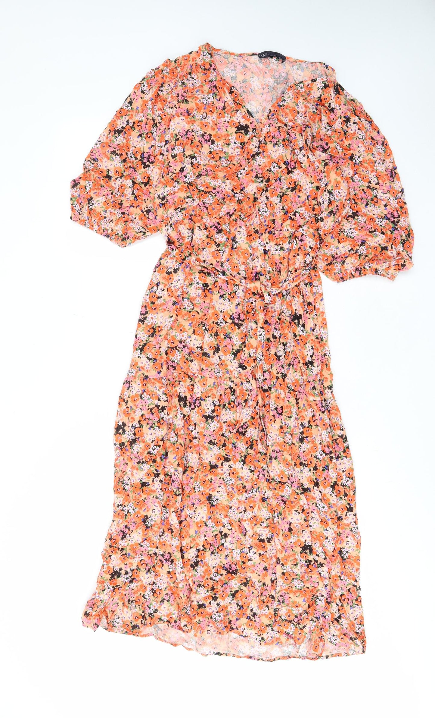 Marks and Spencer Womens Orange Floral Viscose A-Line Size 14 V-Neck Pullover - Belted
