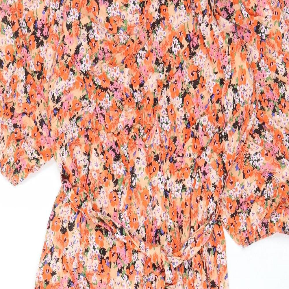Marks and Spencer Womens Orange Floral Viscose A-Line Size 14 V-Neck Pullover - Belted