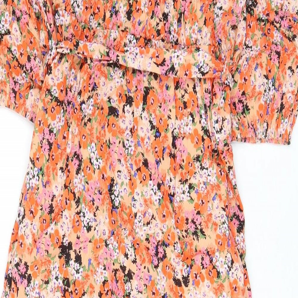 Marks and Spencer Womens Orange Floral Viscose A-Line Size 14 V-Neck Pullover - Belted