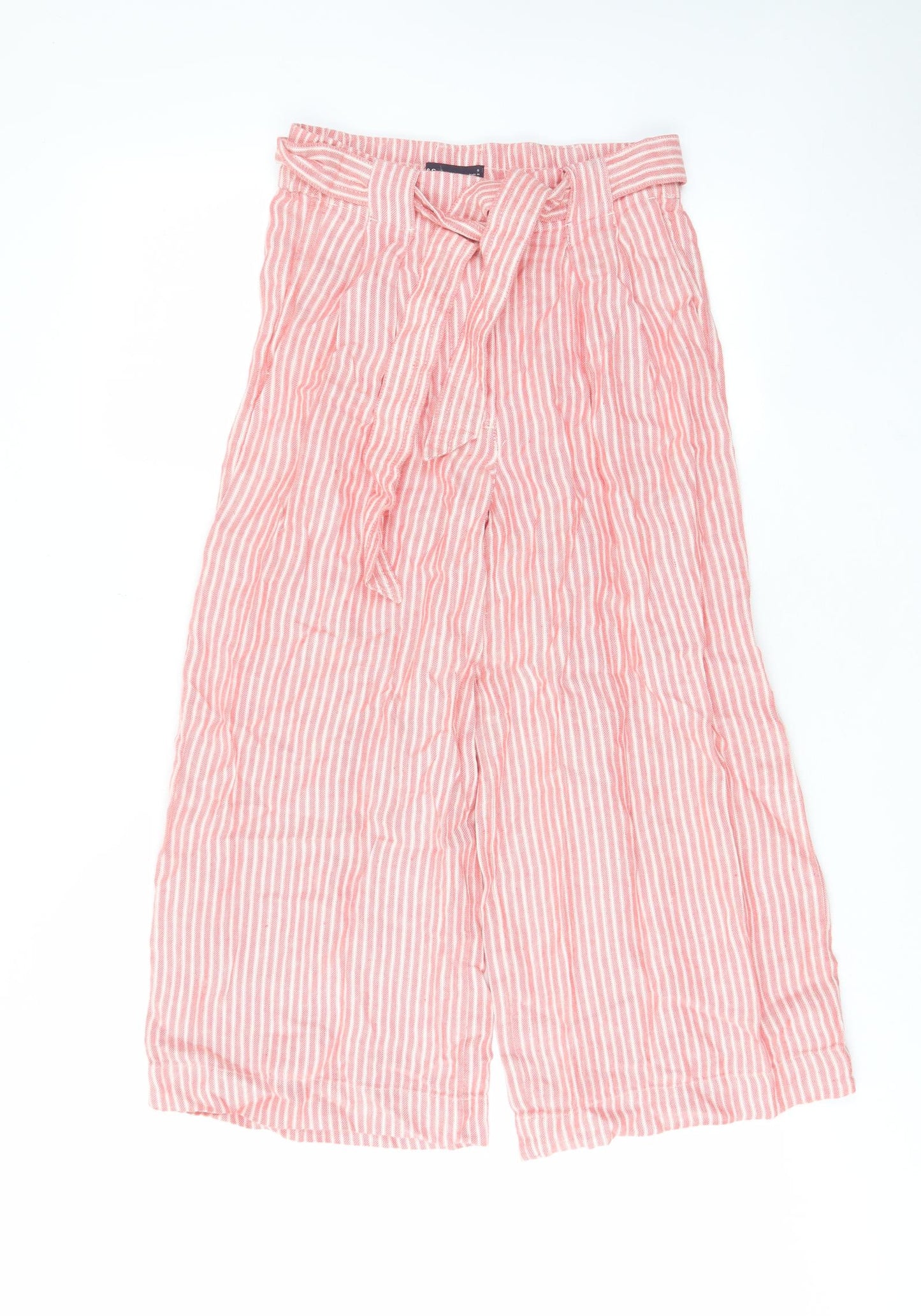 Marks and Spencer Womens Red Striped Linen Trousers Size 8 L22 in Regular Hook & Eye - Pockets, Belt Loops, Belted, Pleated