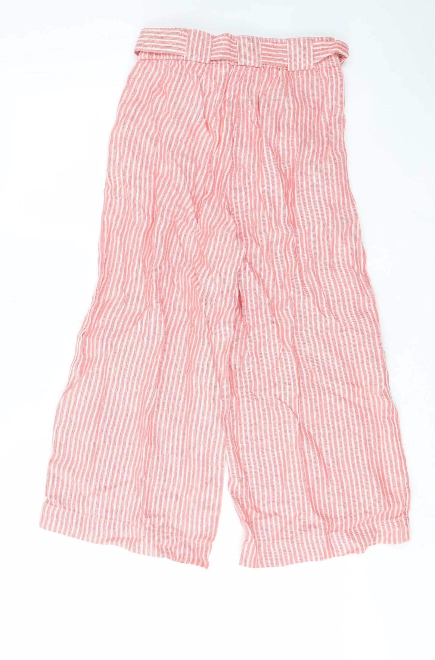 Marks and Spencer Womens Red Striped Linen Trousers Size 8 L22 in Regular Hook & Eye - Pockets, Belt Loops, Belted, Pleated